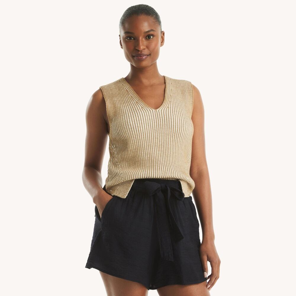 Nautica Jeans Nautica Women's Pleated V Neck Sweater Tan Size M 3113